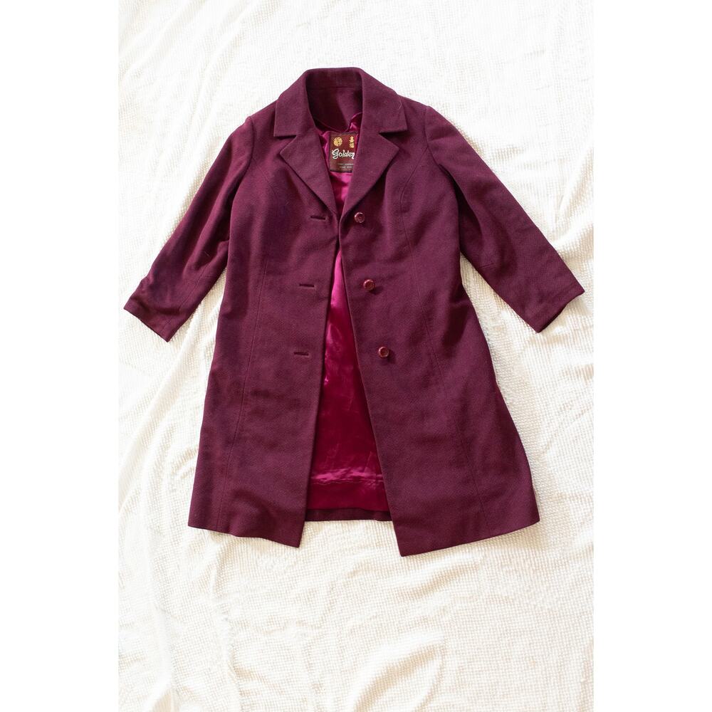 Vintage 90s  Wool Pea Coat Raspberry Maroon Burgundy S Golden First SMALL FLAW